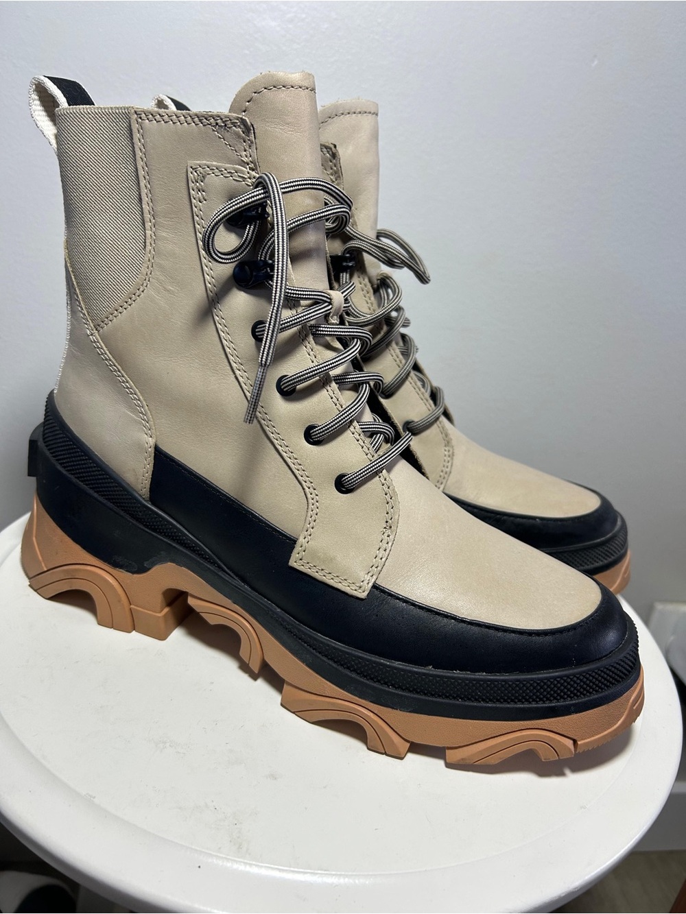 Sorel Beige, Black and Tan Lace-Up Platform Combat Boots